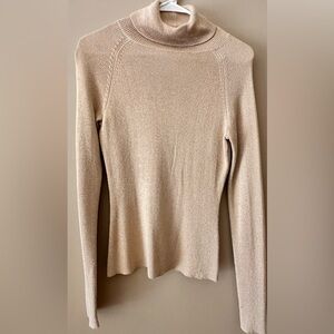 Cache Gold Metallic Turtleneck Sweater Ribbed Knit Top Size M